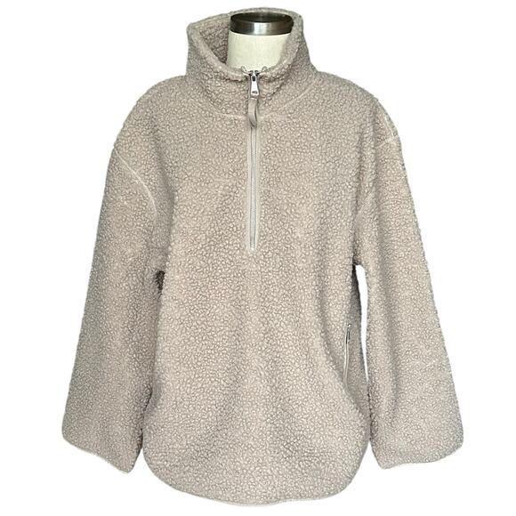 H&M 1/2 Half Zip Teddy Jacket Dark Beige Women's Size Medium NWT Cozy Knit - Picture 1 of 9